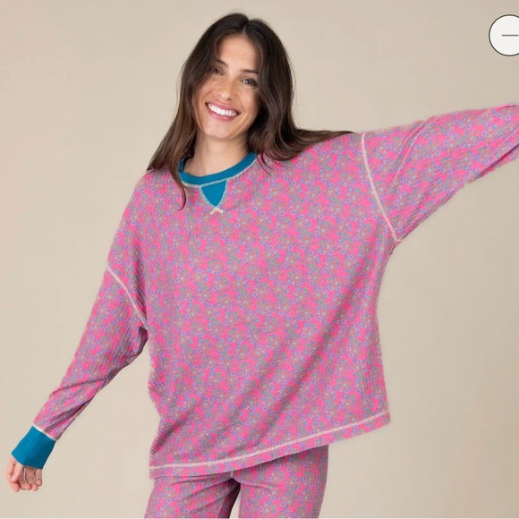 Natural Life XL Floral Thermal Knit Pajama Top Pink Blue Cozy Oversize Cabincore - Picture 10 of 10